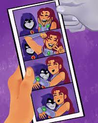 RaeStar fan art of Starfire with orange skin and red hair and Raven with purple hair in a purple cloak.