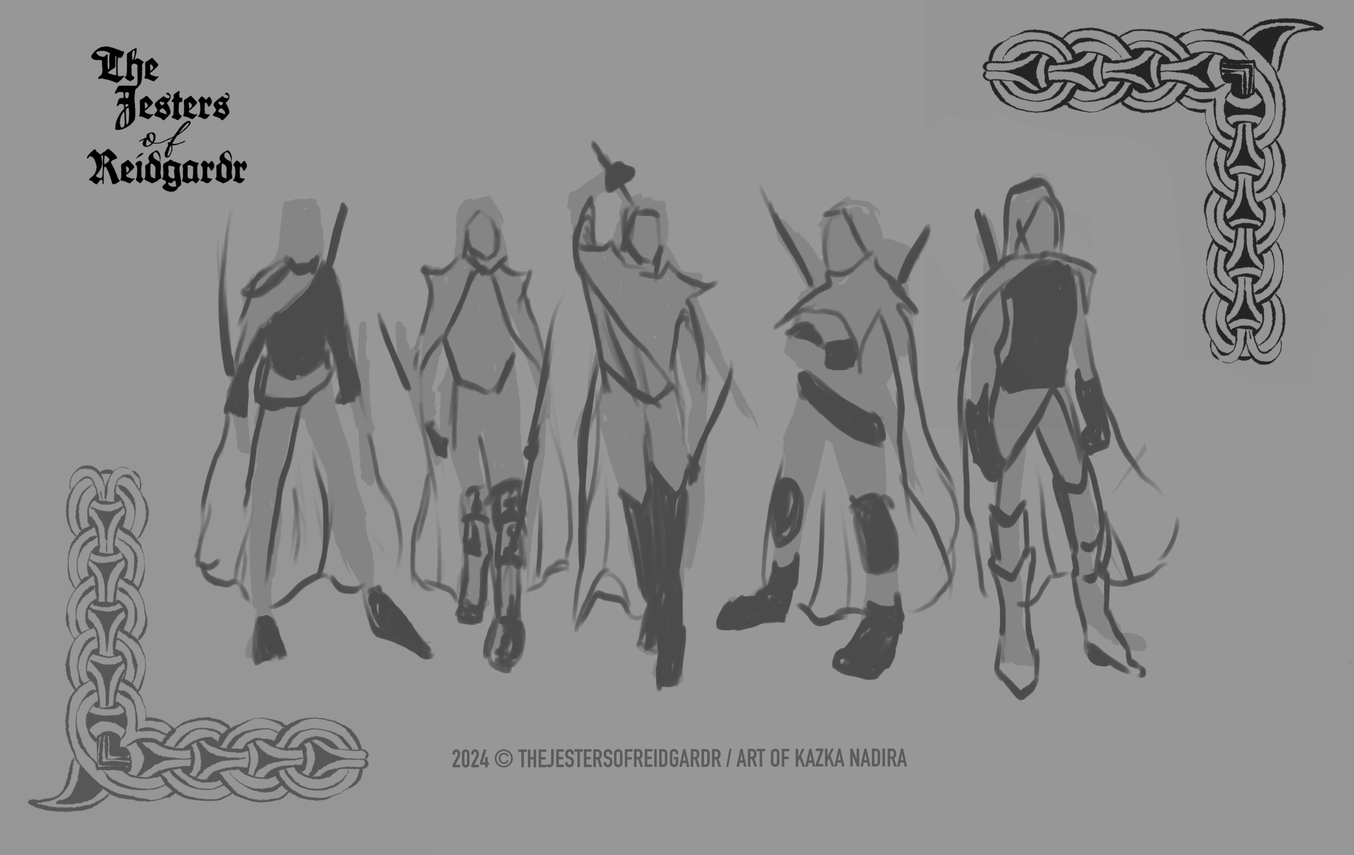 Kazka Nagira digital art featuring a figure with swords, character sketches, and a stylized tiger