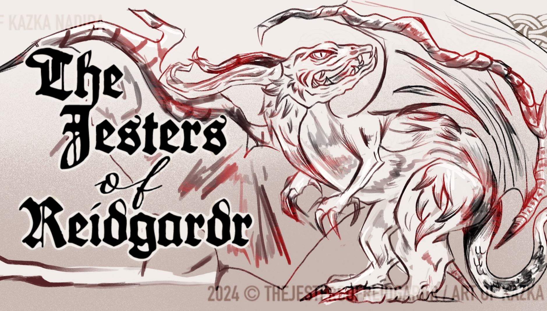 Kazka Nagira digital art featuring a figure with swords, character sketches, and a stylized tiger