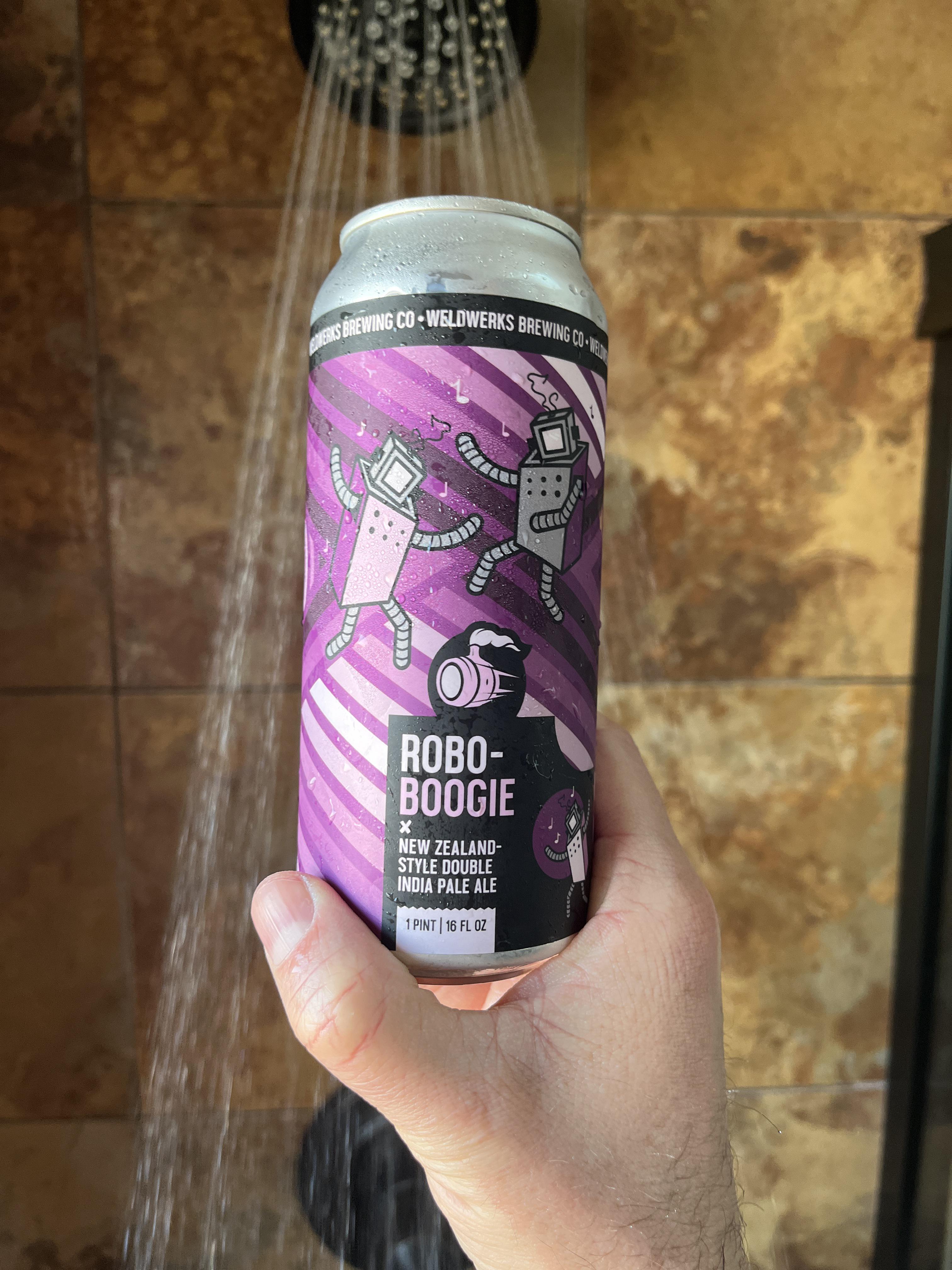 Mature white man with a dad bod taking a selfie while naked in the shower drinking Robo-Boogie beer