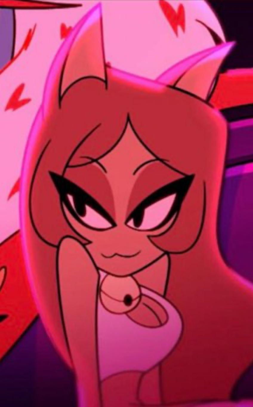 Hazbin Hotel fan art of three busty anthropomorphic monster girls with horns and animal ears in a red-lit interior.