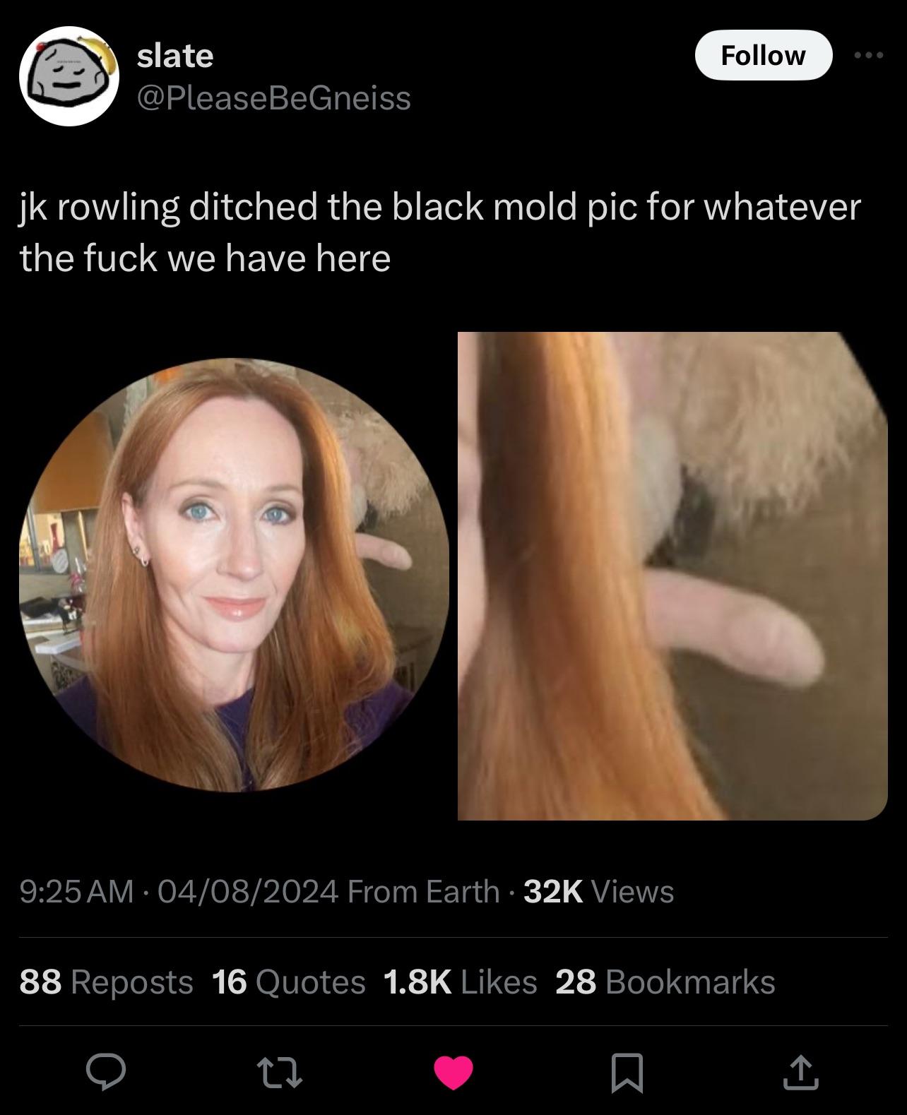 Cursed memes of social media posts mocking a woman's profile picture with red hair and a purple top
