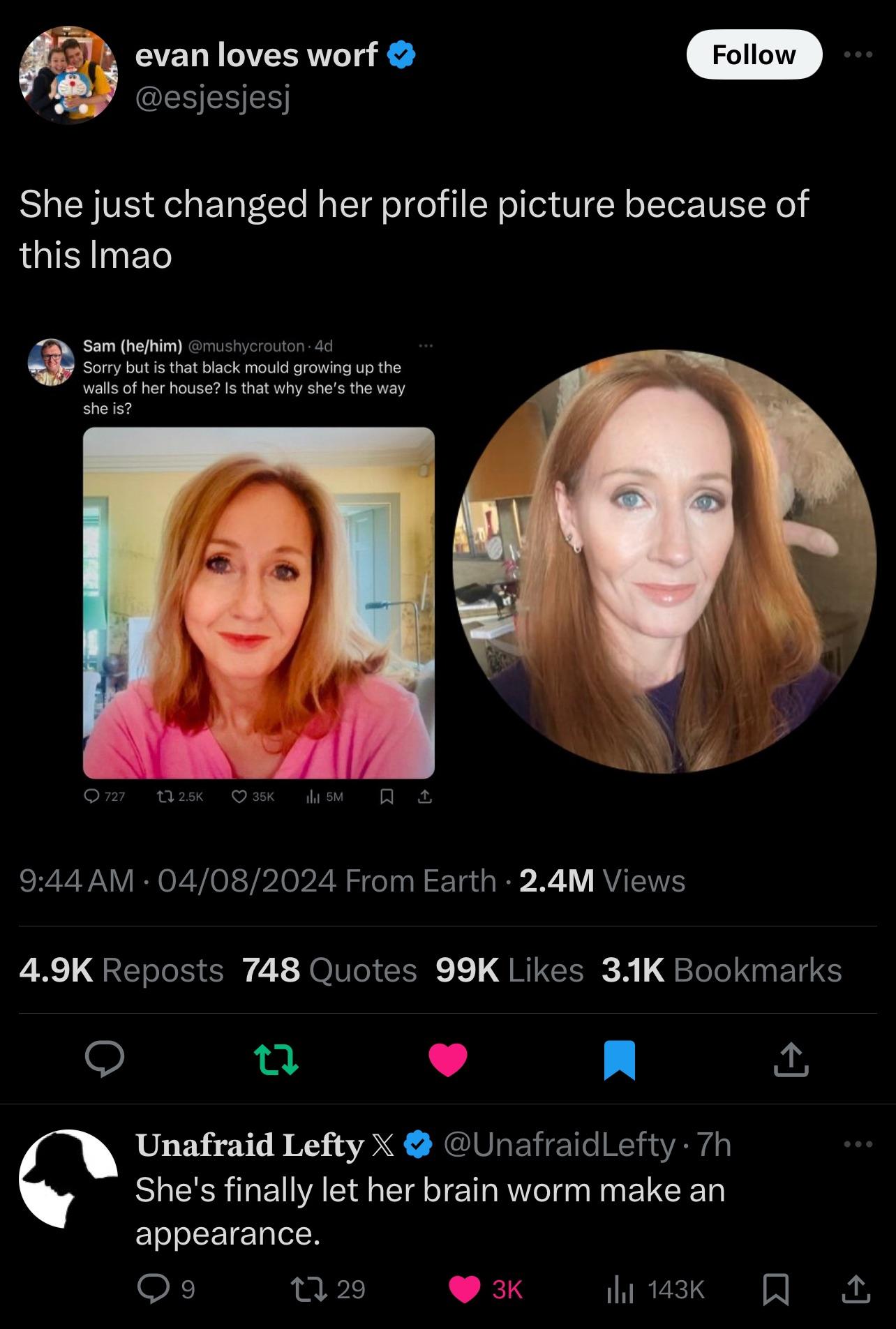 Cursed memes of social media posts mocking a woman's profile picture with red hair and a purple top