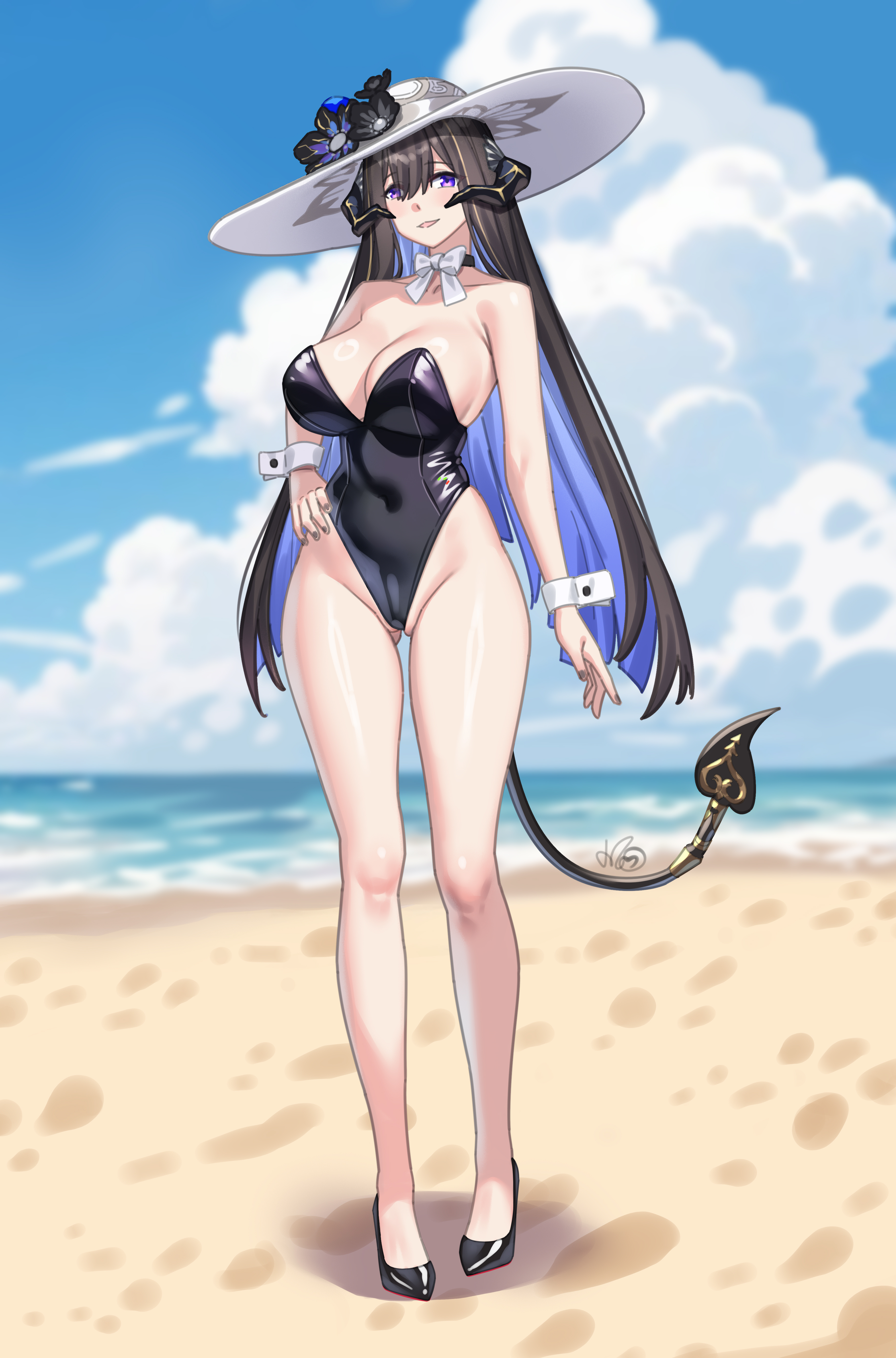 Constance from Honkai: Star Rail as a busty anime monster girl in bikinis and sheer clothing on a beach