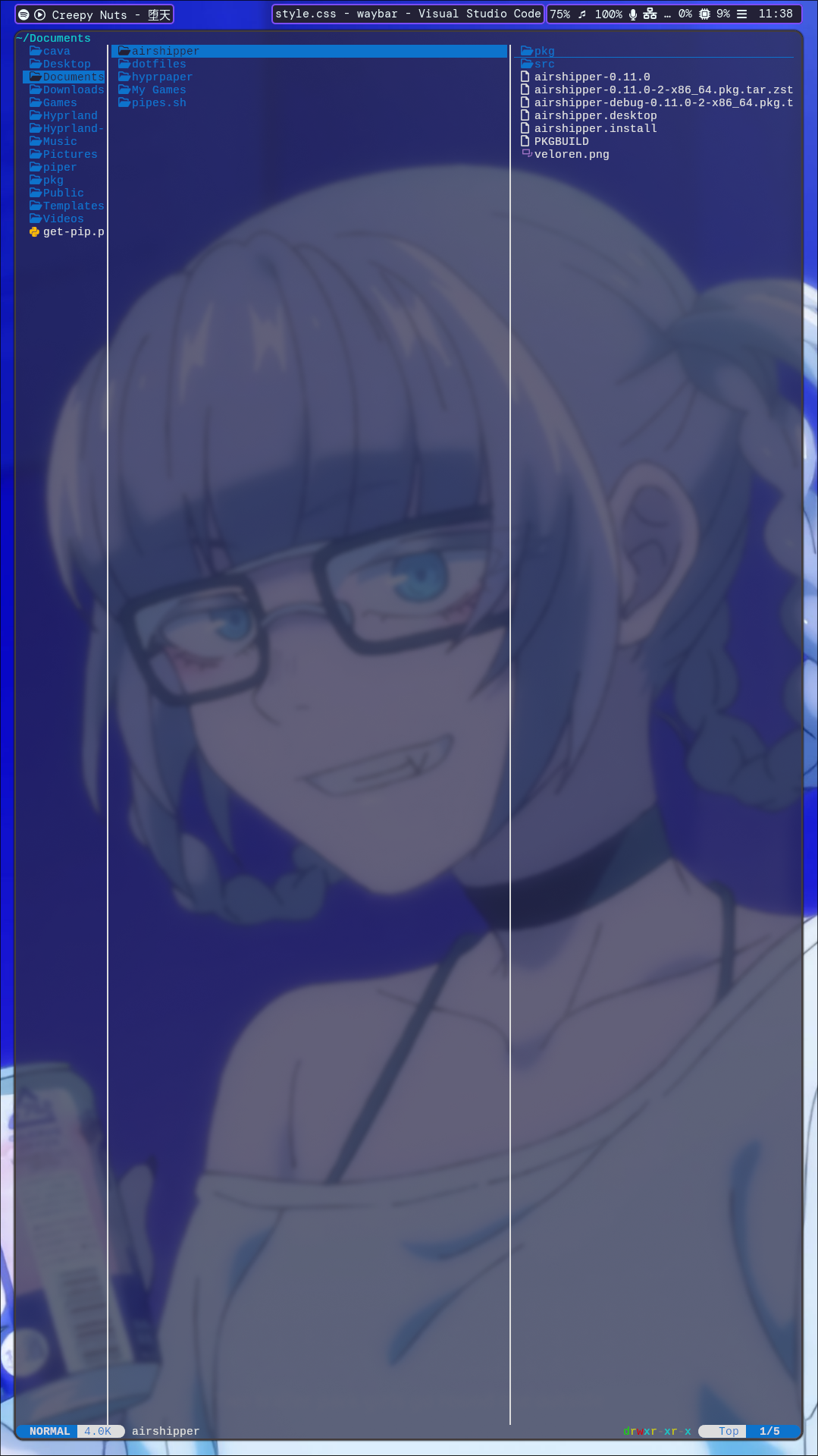 Hyprland rice featuring a blue hair anime girl with glasses in a white shirt on a digital desktop