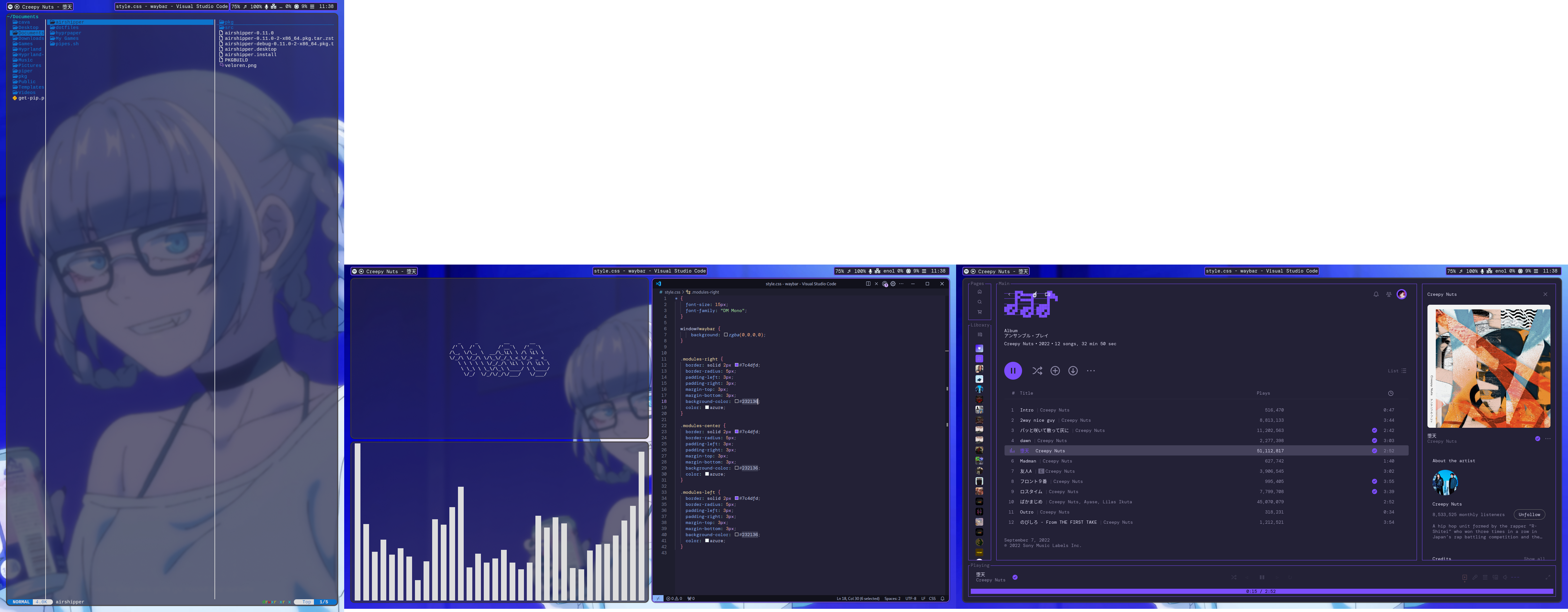 Hyprland rice featuring a blue hair anime girl with glasses in a white shirt on a digital desktop