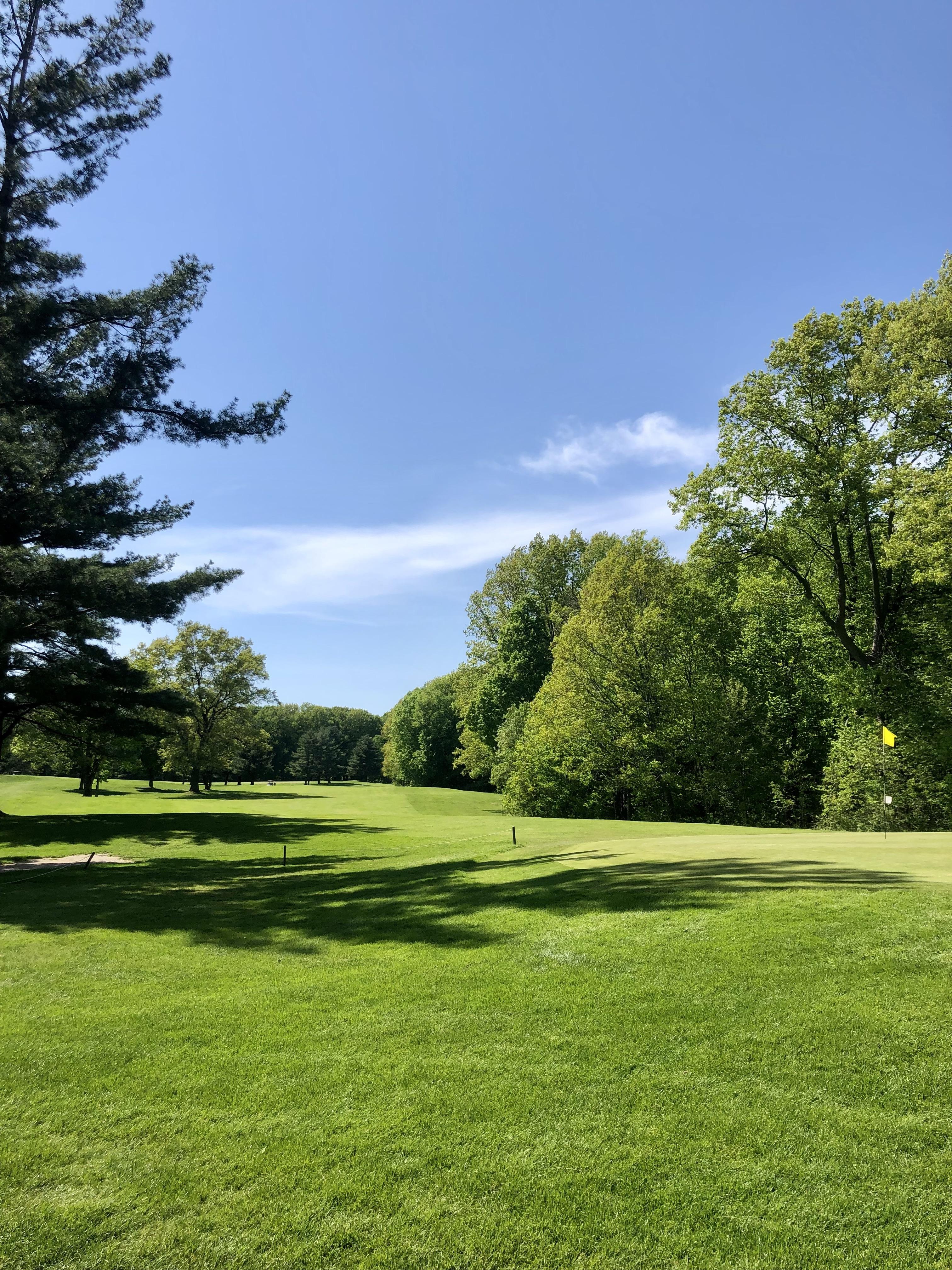 Scott Lake golf course in Comstock Park, MI with lush green fairways, trees, and a flag under a blue sky