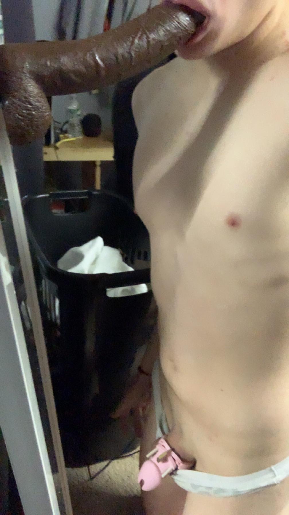 Slim white femboy in a white thong using a huge dildo for oral and anal play