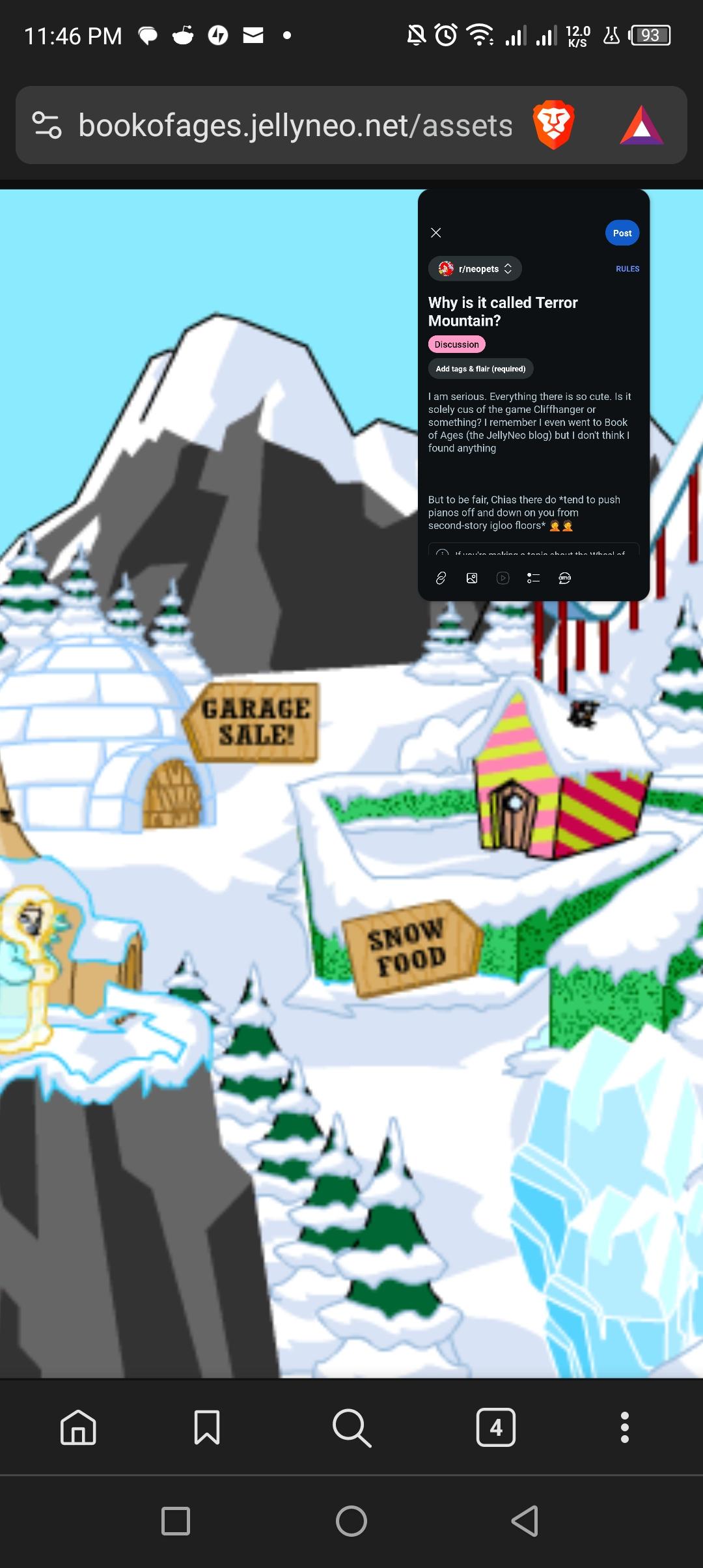 Neopets winter wonderland with cartoon characters, snowy mountains, and shops like Terror Mountain and Ice Caves.
