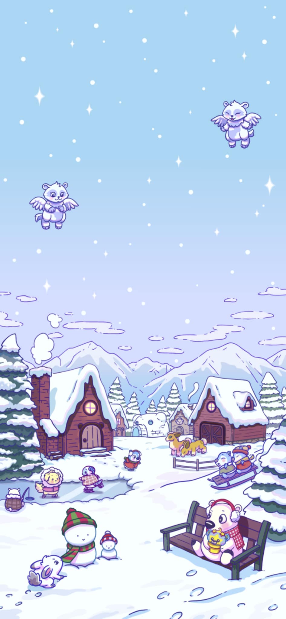 Neopets winter wonderland with cartoon characters, snowy mountains, and shops like Terror Mountain and Ice Caves.