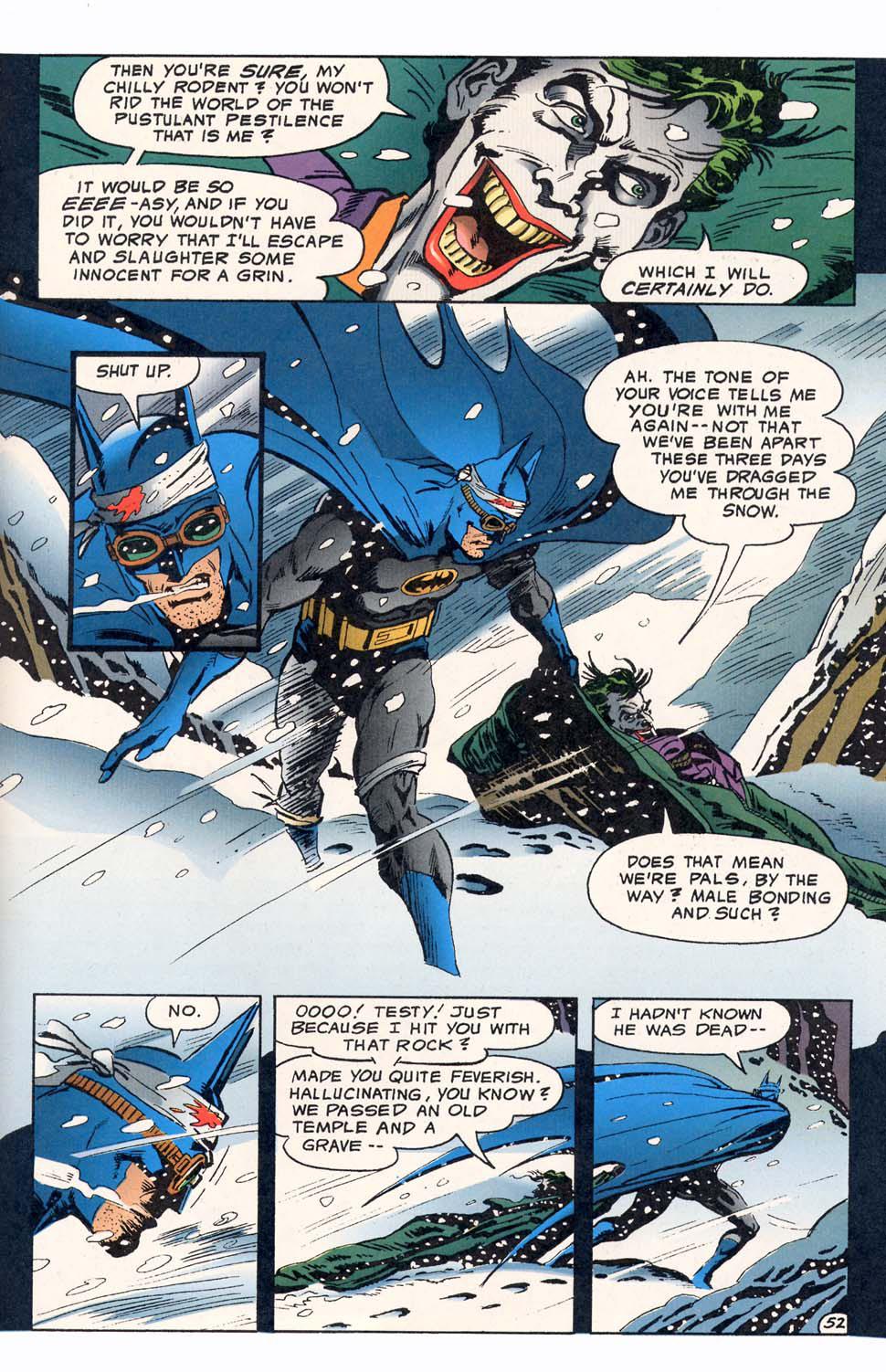 Batman DC comics cover art and pages featuring Batman fighting the Joker and red monsters in the snow