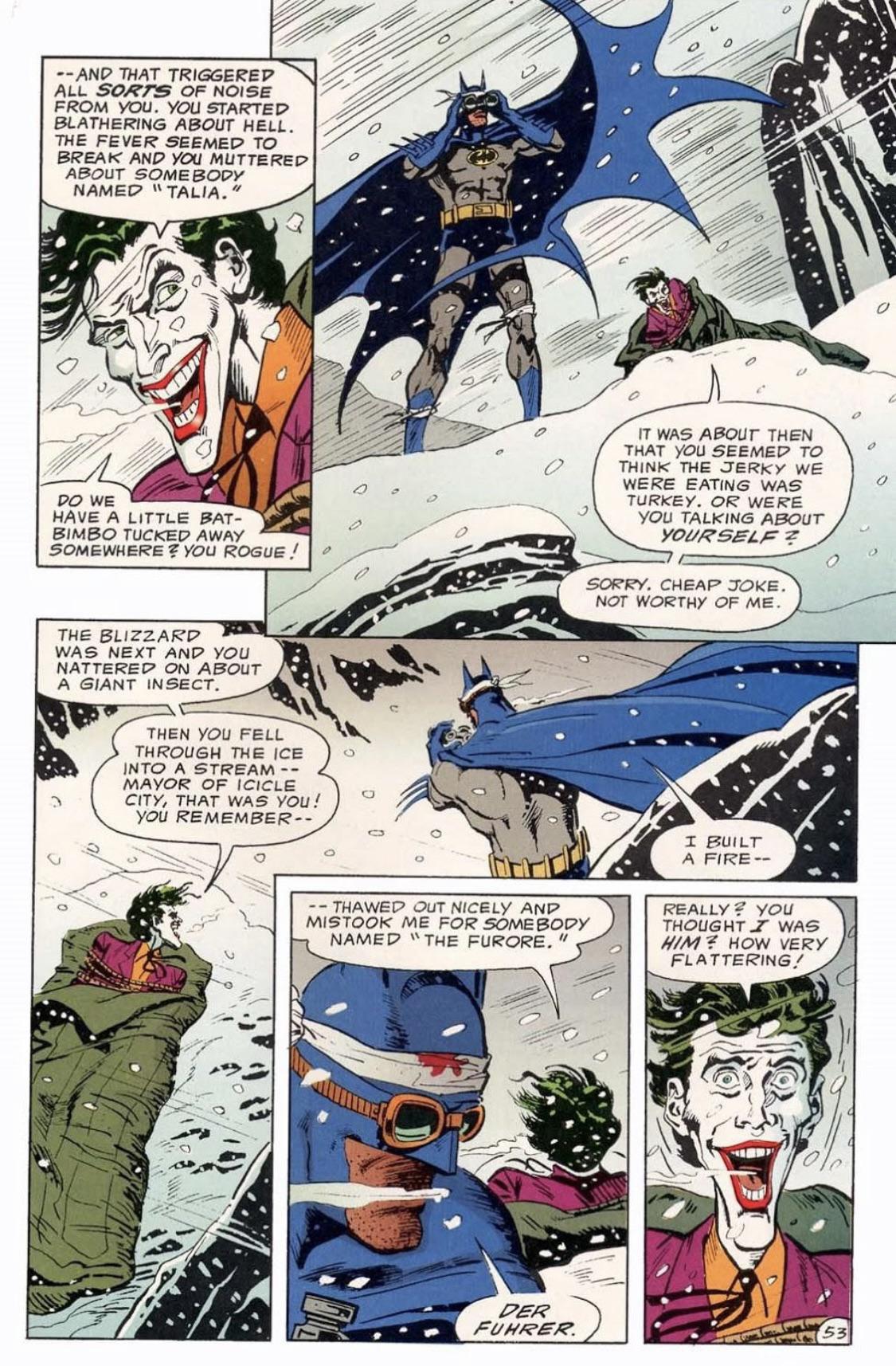 Batman DC comics cover art and pages featuring Batman fighting the Joker and red monsters in the snow