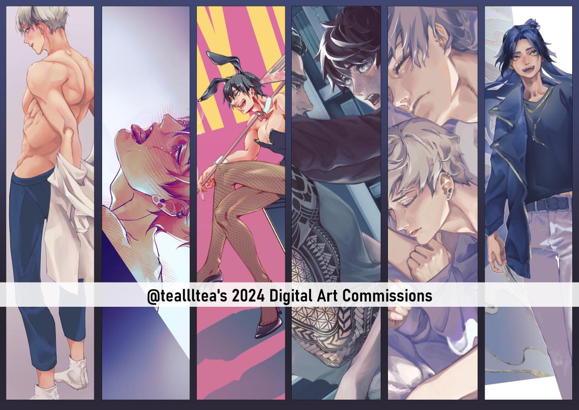 NSFW anime art commission sheet by @teallltea featuring femboys, muscular men, and a bunny girl pinup.