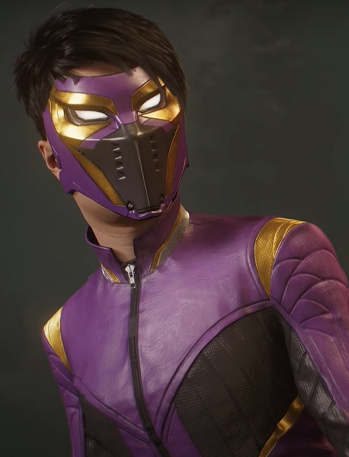 Spider-Man roleplay digital art featuring characters in catsuits, bikinis, and a purple mask
