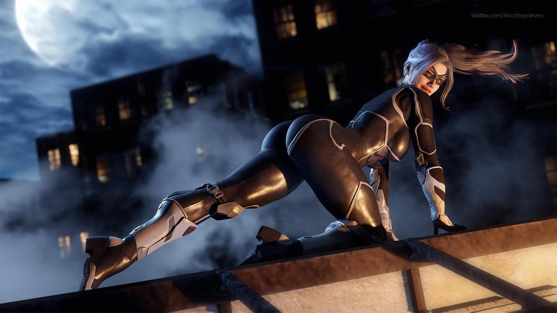 Spider-Man roleplay digital art featuring characters in catsuits, bikinis, and a purple mask