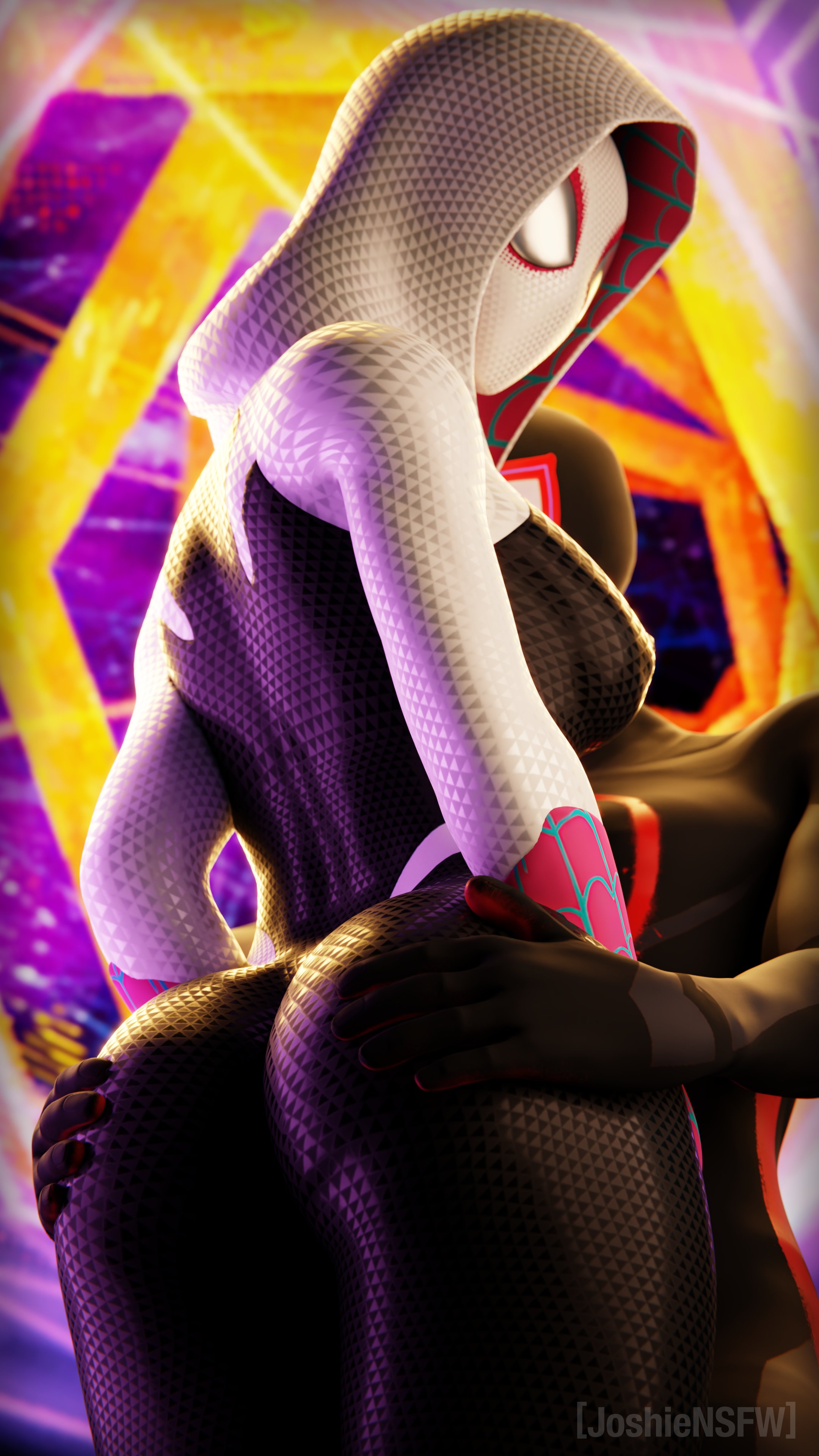 Spider-Man roleplay digital art featuring characters in catsuits, bikinis, and a purple mask