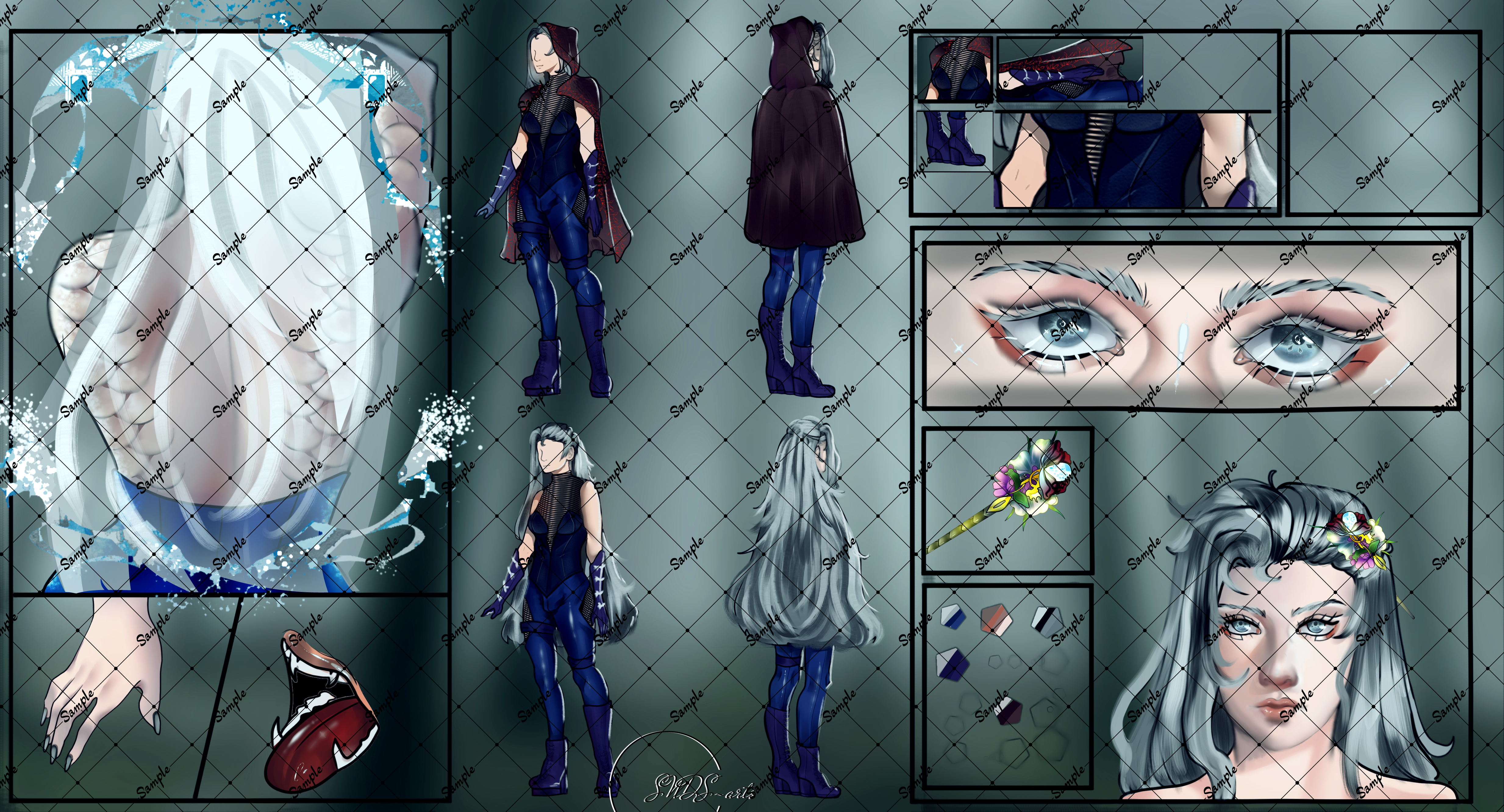 Human and furry character design sheets featuring a blonde female warrior and a silver-haired woman