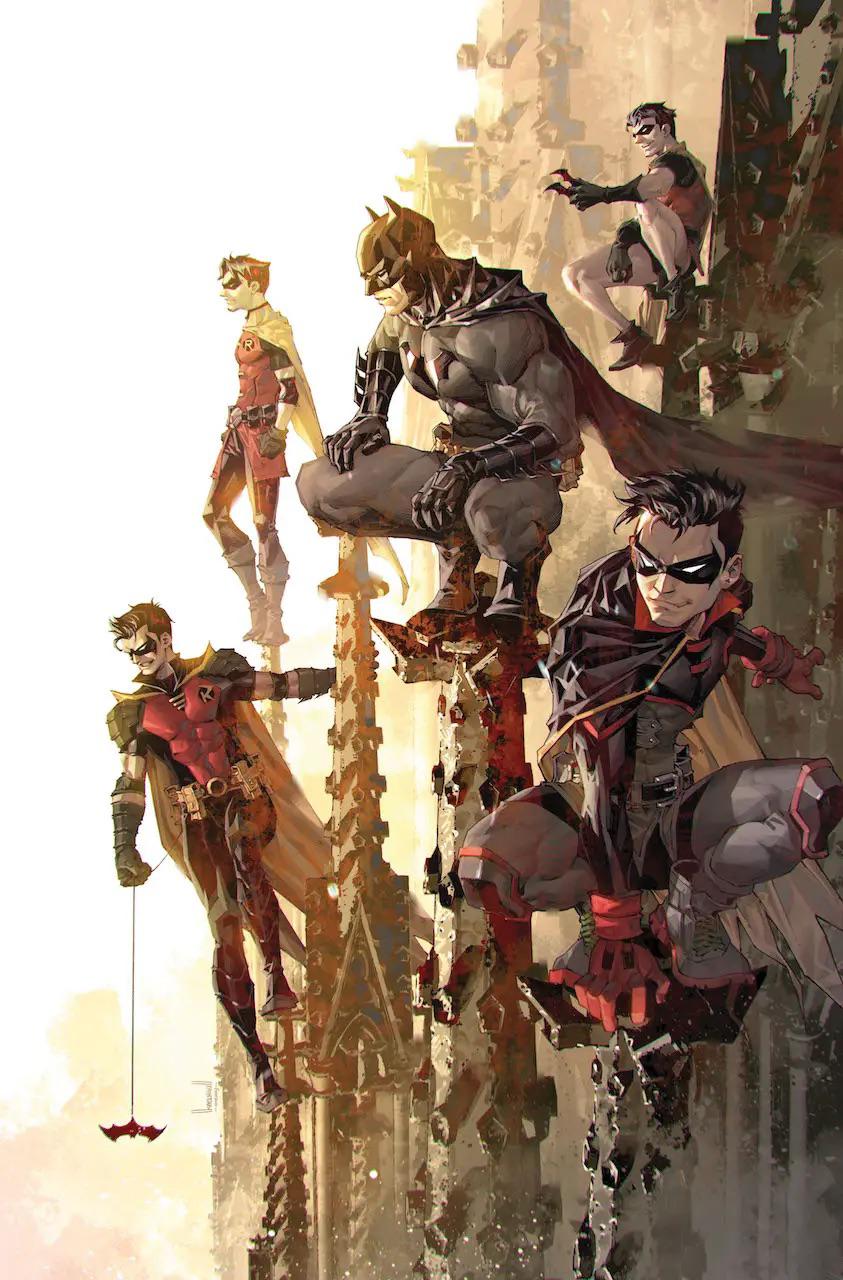 Batman DC comics cover art featuring a masked vigilante, sidekicks, and Catwoman in urban cityscapes