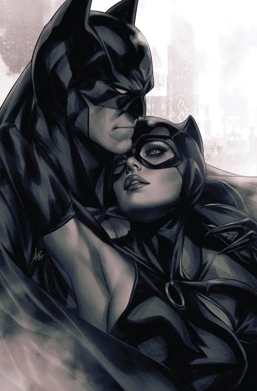 Batman DC comics cover art featuring a masked vigilante, sidekicks, and Catwoman in urban cityscapes