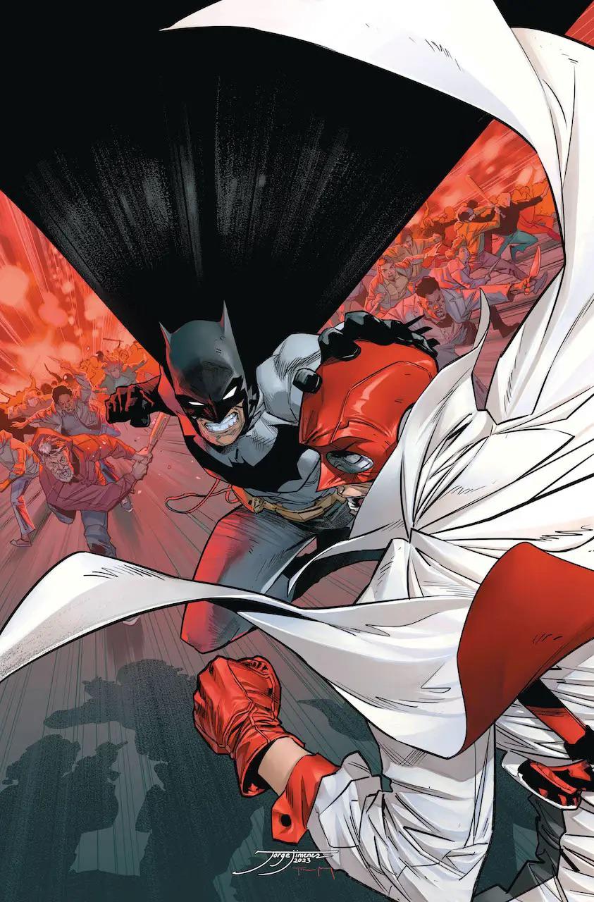 Batman DC comics cover art featuring a masked vigilante, sidekicks, and Catwoman in urban cityscapes