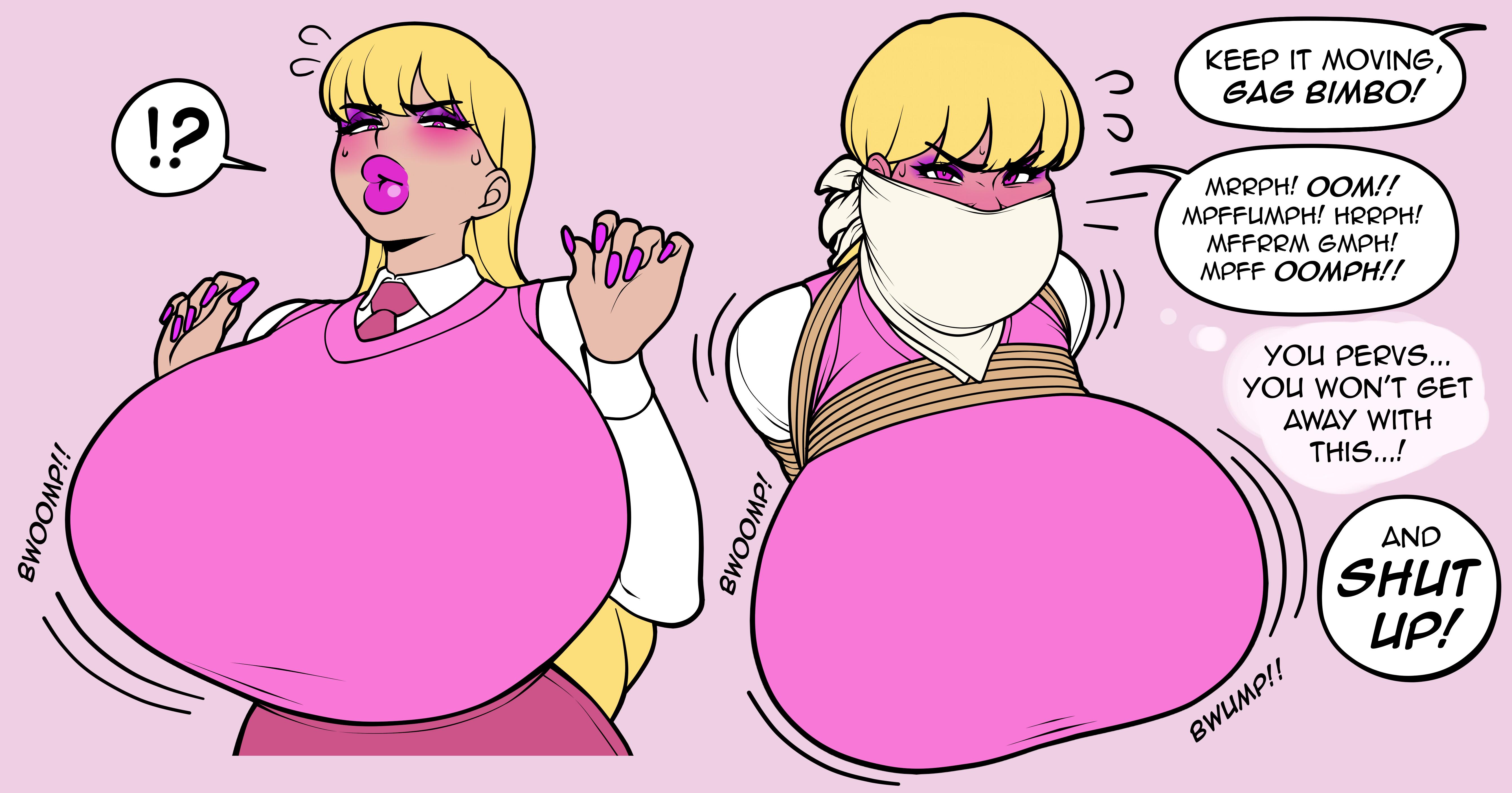 Hentai comic panels of busty anime girls in bondage, breast expansion, and ahegao expressions.
