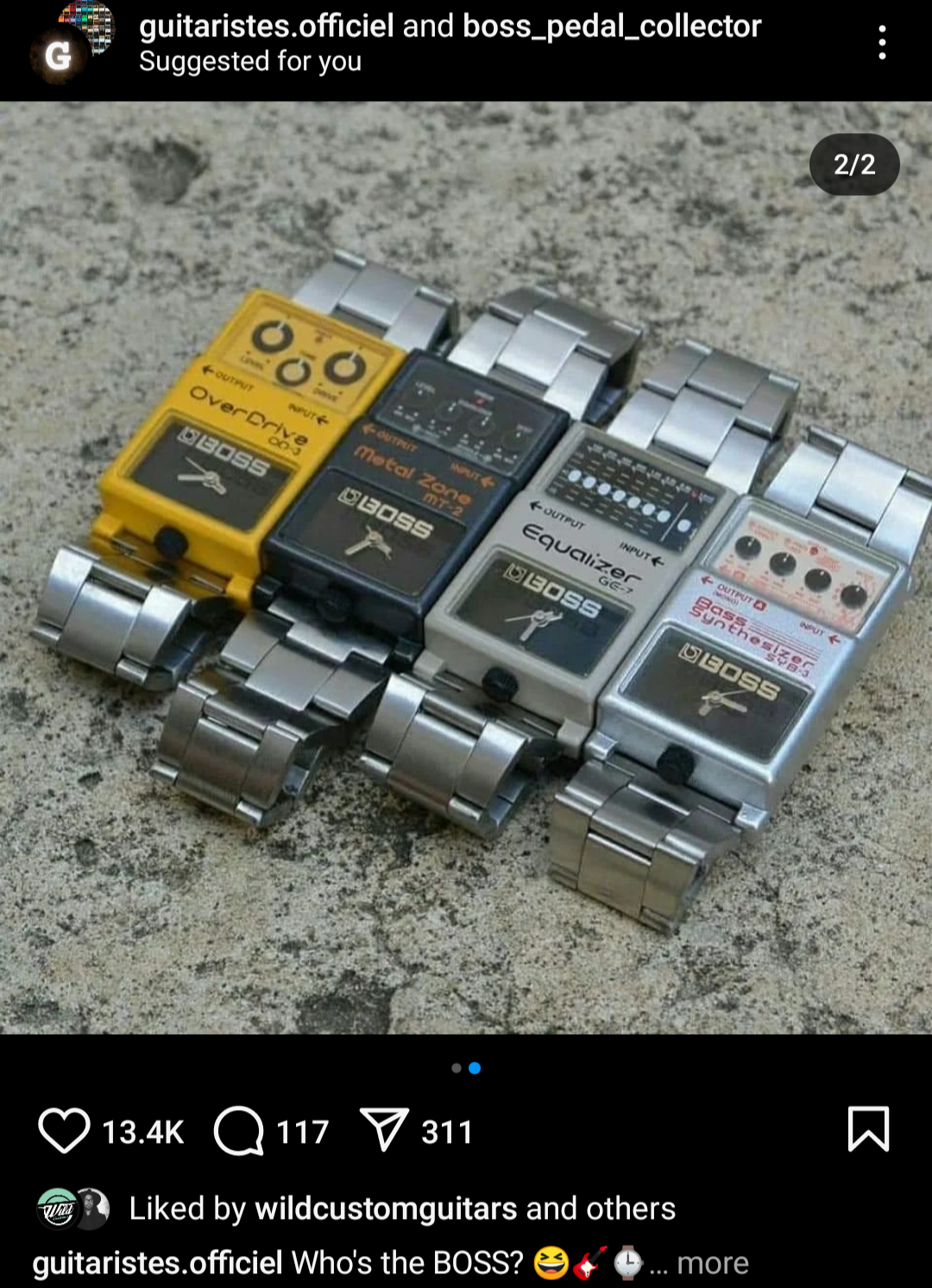 Guitar pedal memes featuring a light-skinned arm holding a Boss guitar pedal next to a lineup of effects pedals.