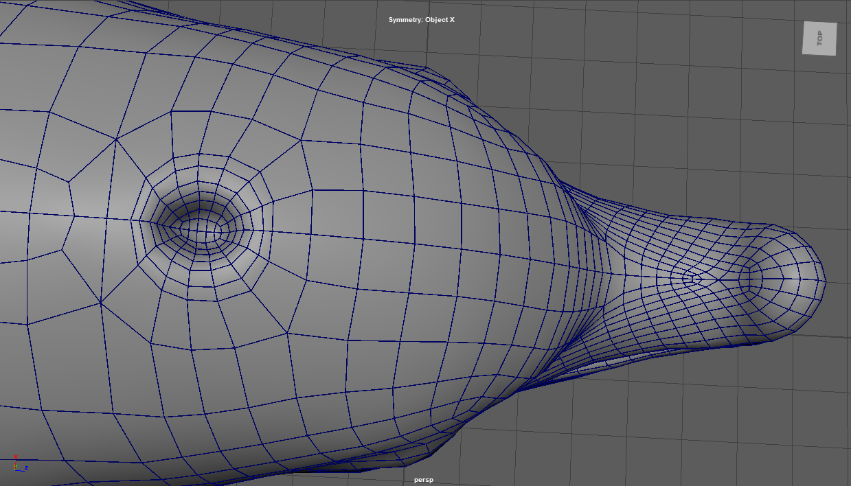 Fat dolphin model topology showing a 3D wireframe of a dolphin's head and upper body in Maya.