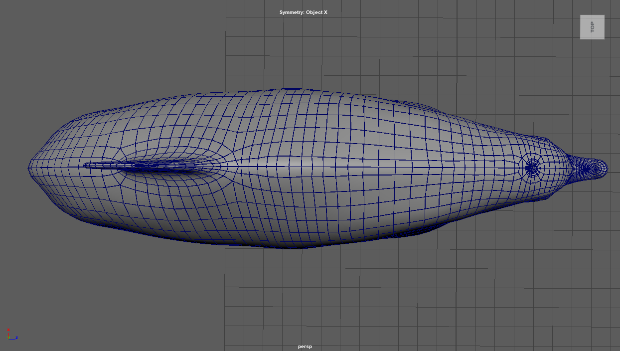 Fat dolphin model topology showing a 3D wireframe of a dolphin's head and upper body in Maya.