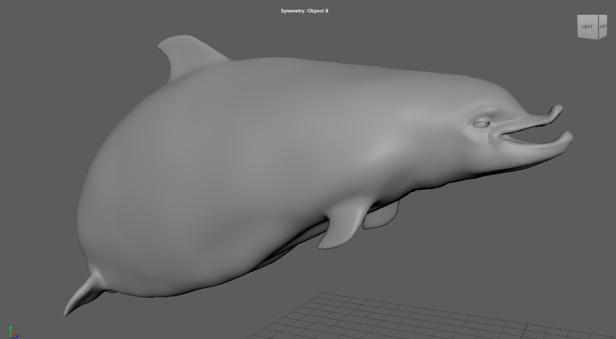 Fat dolphin model topology showing a 3D wireframe of a dolphin's head and upper body in Maya.