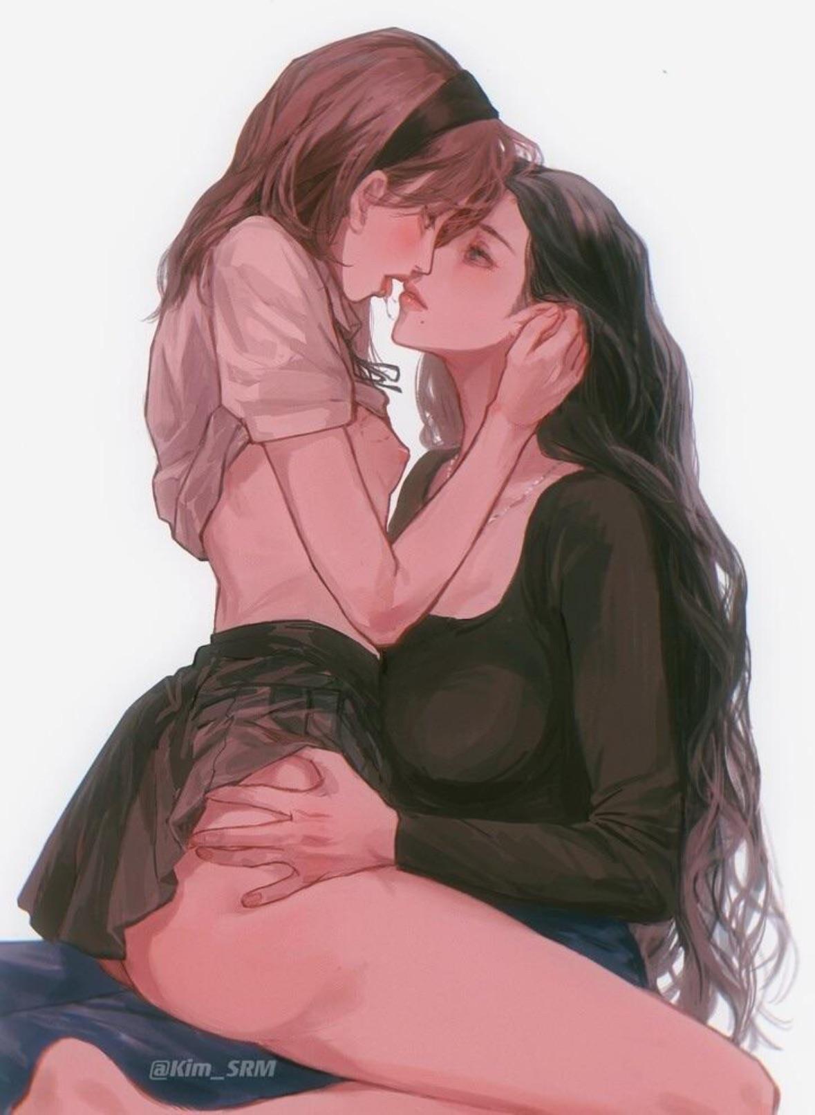 Hentai and yuri digital art of slim and curvy Asian and white women in lingerie and naked poses.