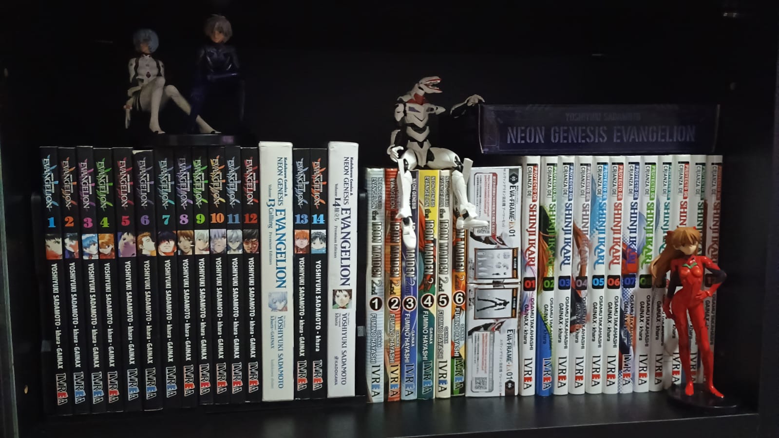 Eva collection featuring anime girls with blue hair and redheads in leotards and stockings on a dark shelf