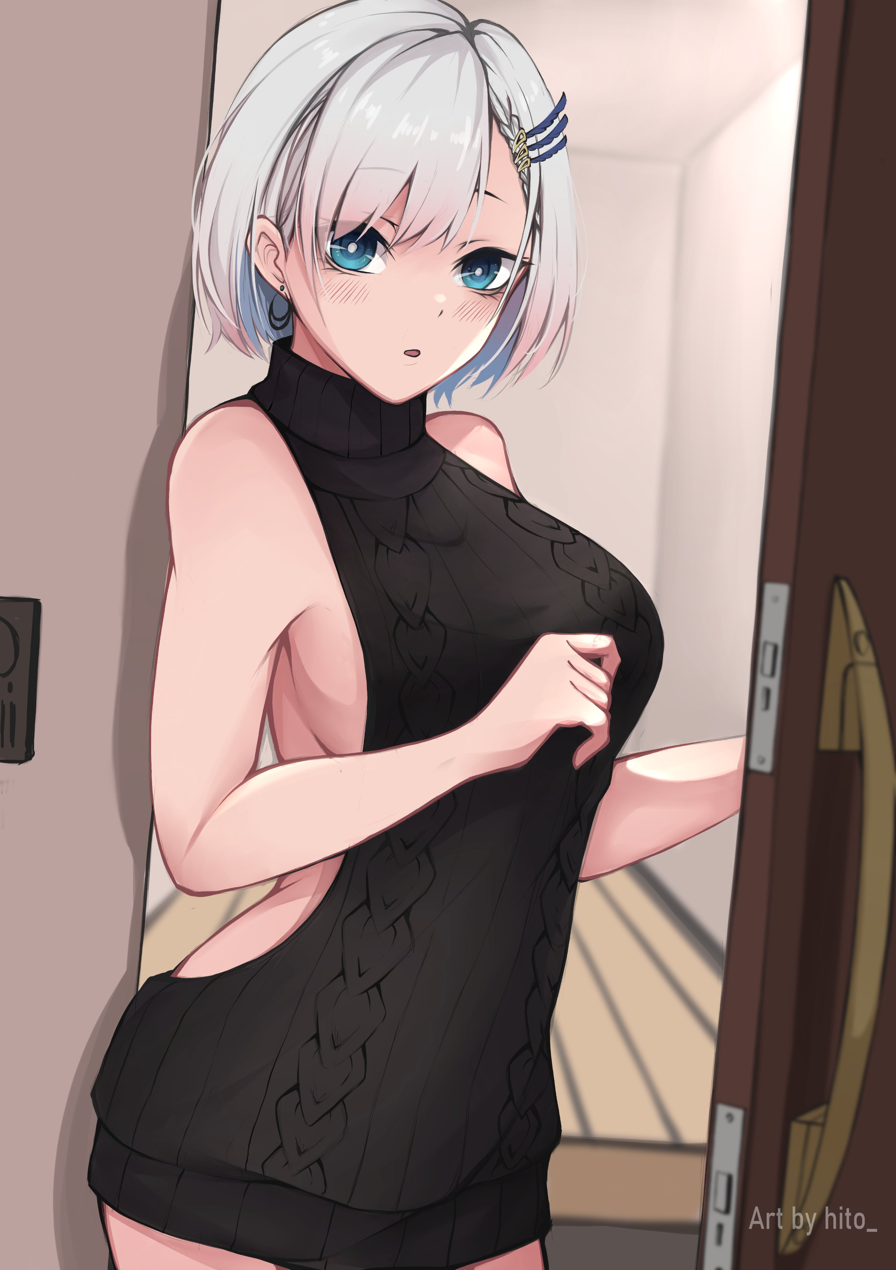 Hentai art of a tomboy and femboy roommate, plus busty and curvy anime women in lingerie and office wear.