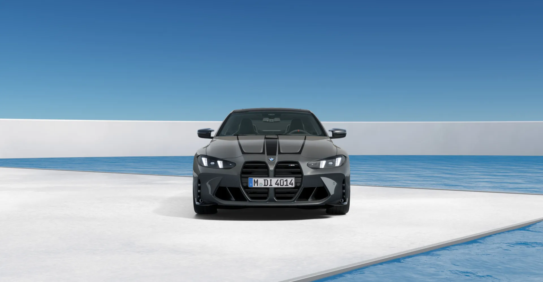Grey BMW M8 coupe in a minimalist white architectural space by the ocean