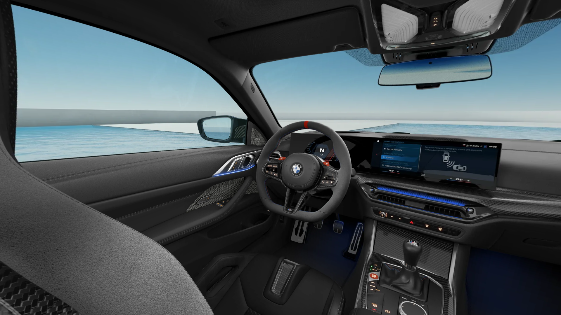 Grey BMW M8 coupe in a minimalist white architectural space by the ocean