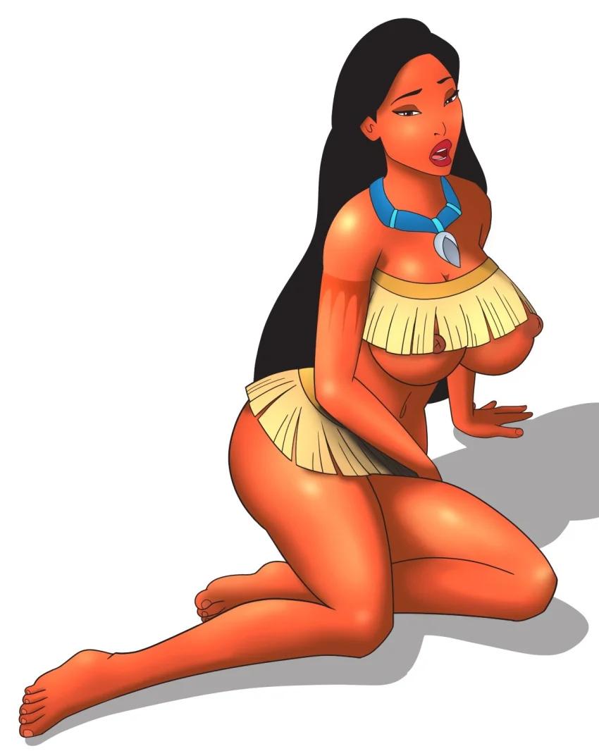 Busty Pocahontas fan art by RanoArt featuring a thick, tanned Indian woman in a grass skirt and brown bikini