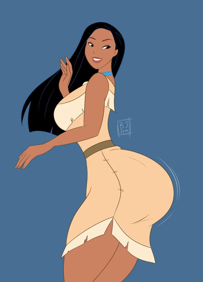 Busty Pocahontas fan art by RanoArt featuring a thick, tanned Indian woman in a grass skirt and brown bikini