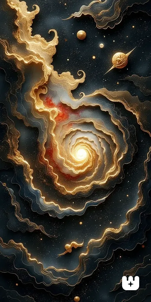 Chinese contemporary paper cutout art of a spiral galaxy, planets, Earth, and a red sun in outer space