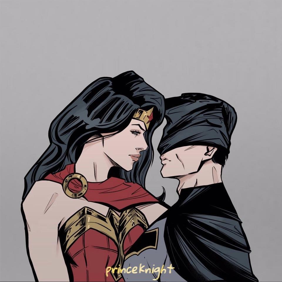 Batman and Wonder Woman fan art by Princeknight showing the duo in a funny four-panel comic strip.