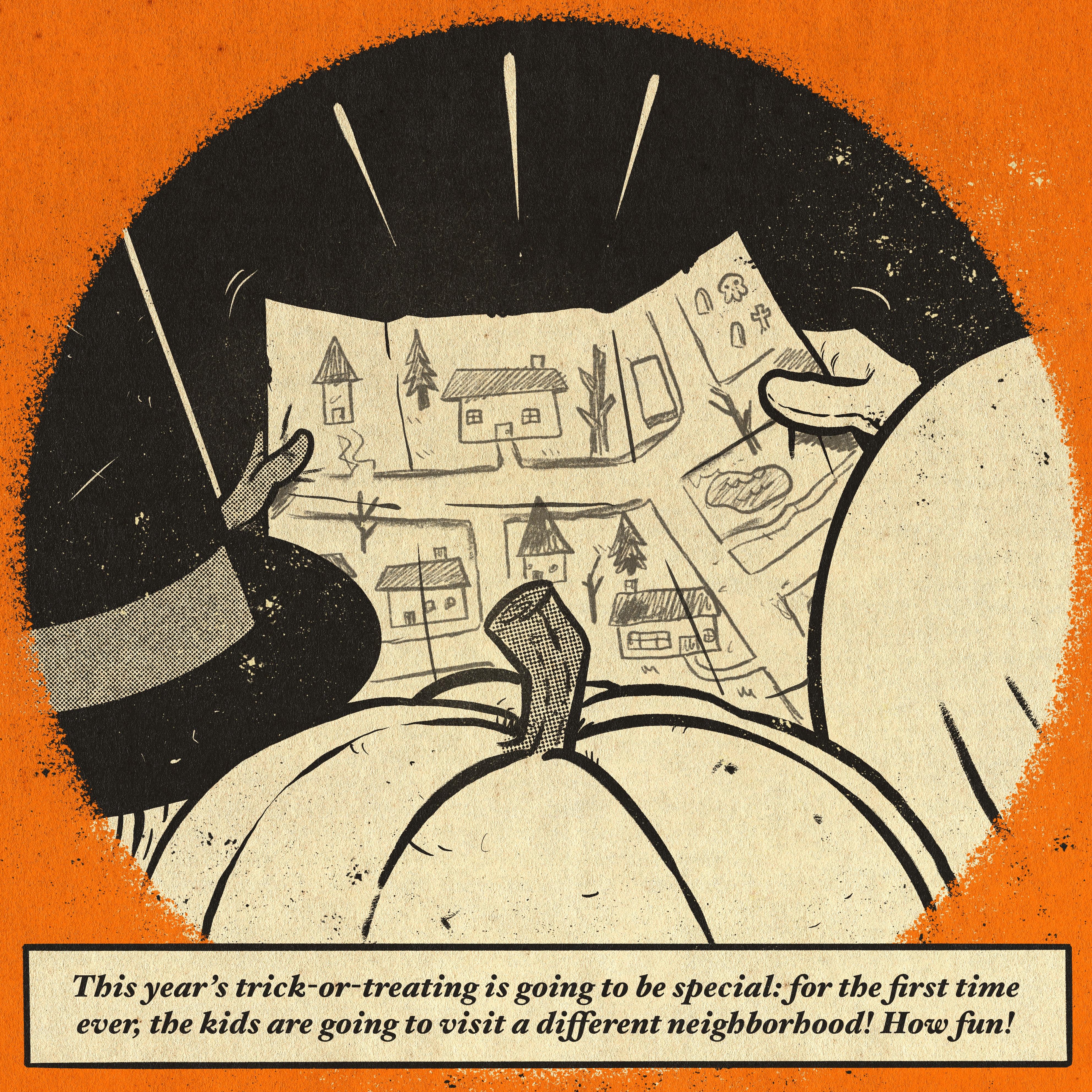 Inktober black and white comic panels of a ghost, witch, and jack-o'-lantern with a map and suitcase