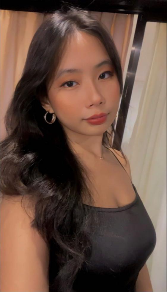 Justine, a beautiful Filipina woman in a black bikini, white top with a skirt, and a black dress.