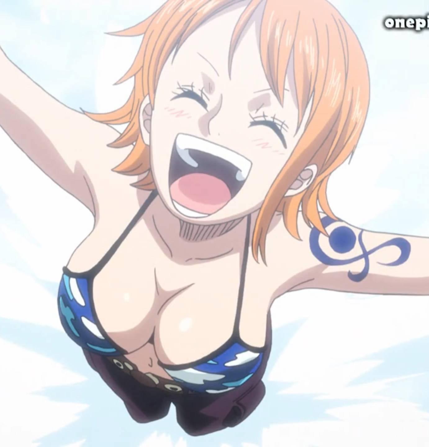 Nami from One Piece in bikinis and topless shots, showcasing her busty figure and orange hair