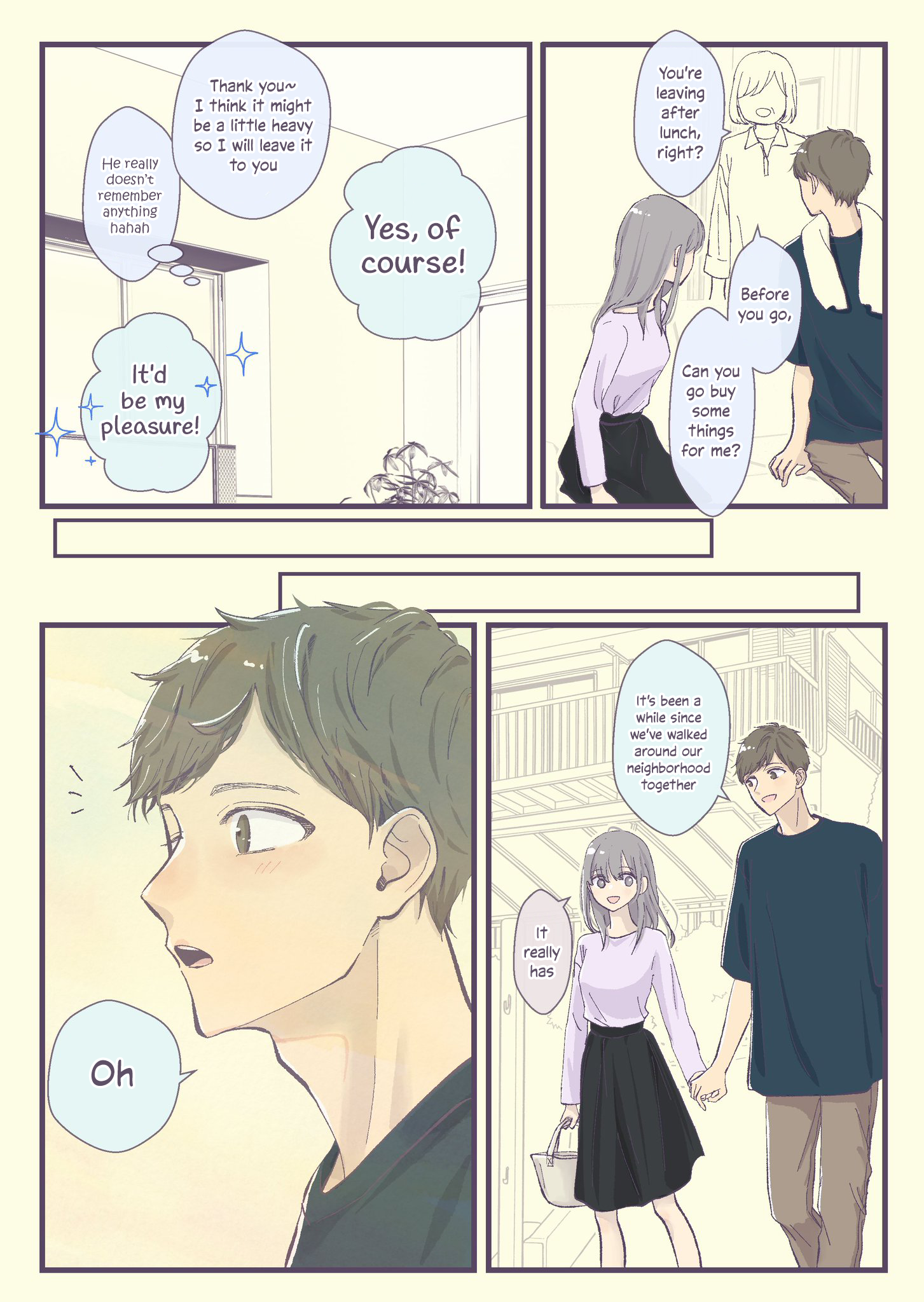 Manga page by @misokooekaki of a man in a blue t-shirt and a woman with long grey hair and a short skirt smiling