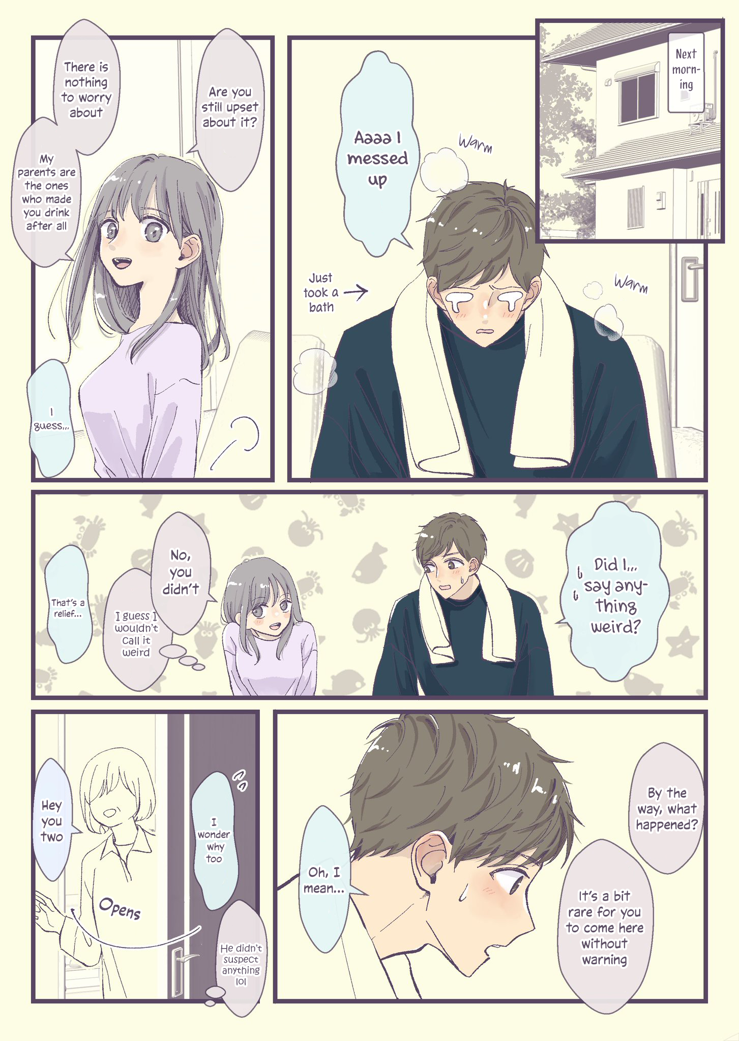 Manga page by @misokooekaki of a man in a blue t-shirt and a woman with long grey hair and a short skirt smiling