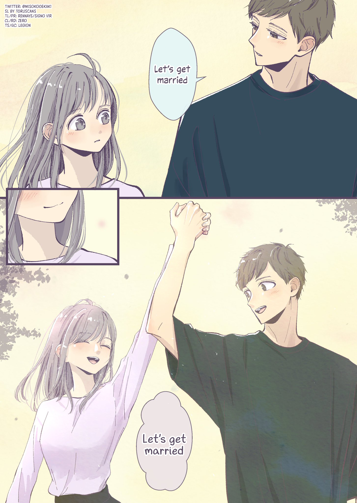 Manga page by @misokooekaki of a man in a blue t-shirt and a woman with long grey hair and a short skirt smiling