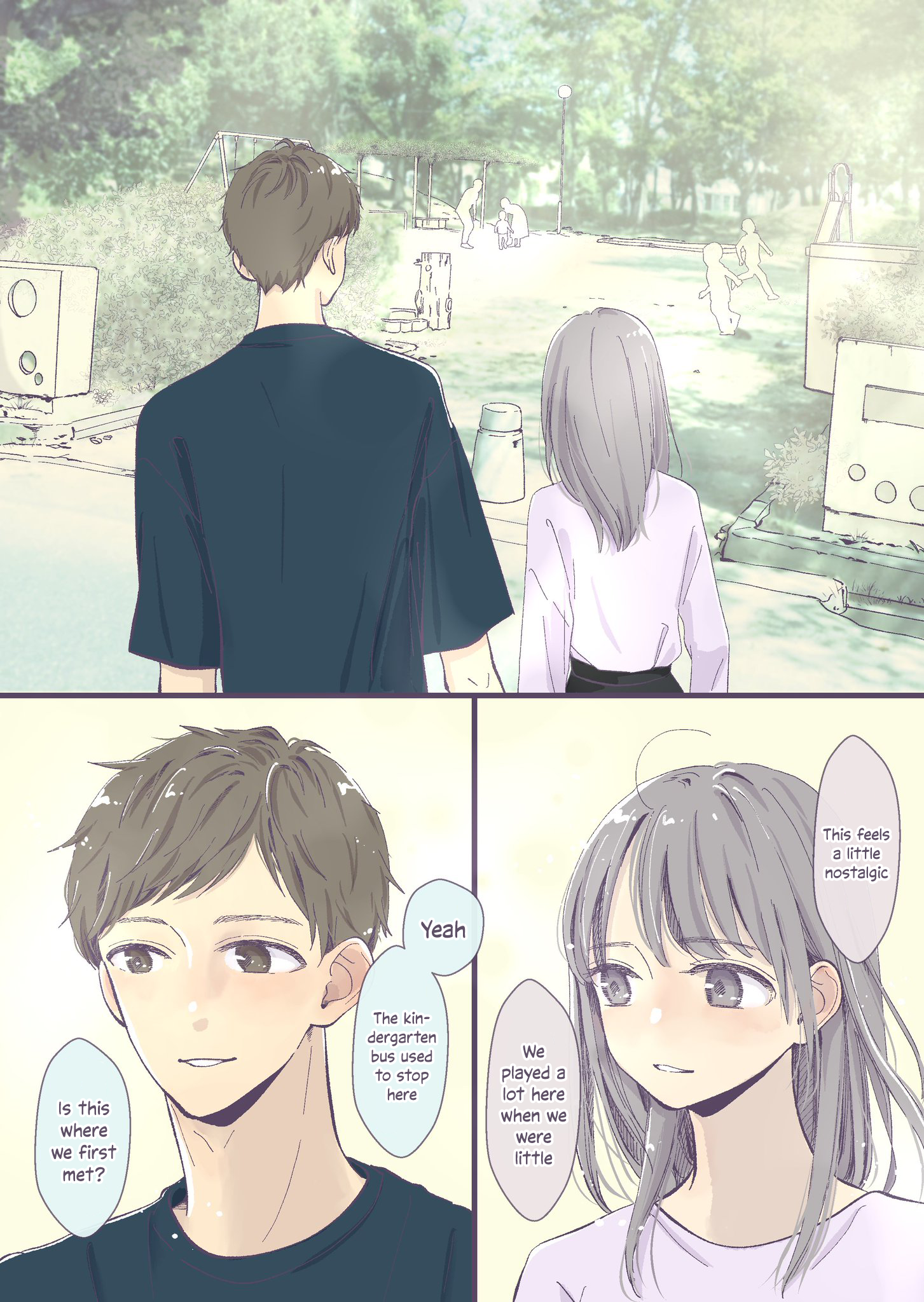 Manga page by @misokooekaki of a man in a blue t-shirt and a woman with long grey hair and a short skirt smiling