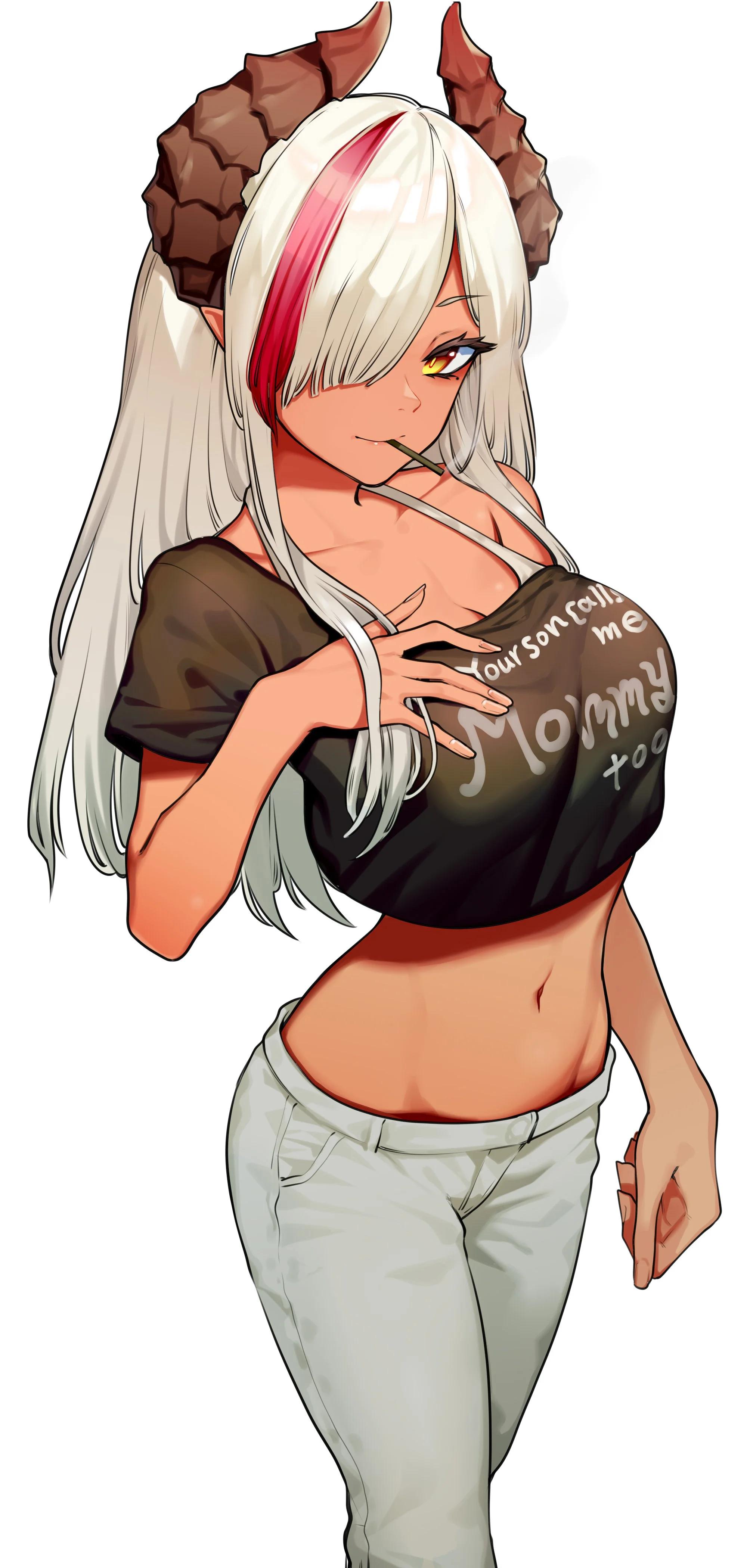 Dominant monster girl anime art featuring busty demon women with white and black hair in suggestive poses