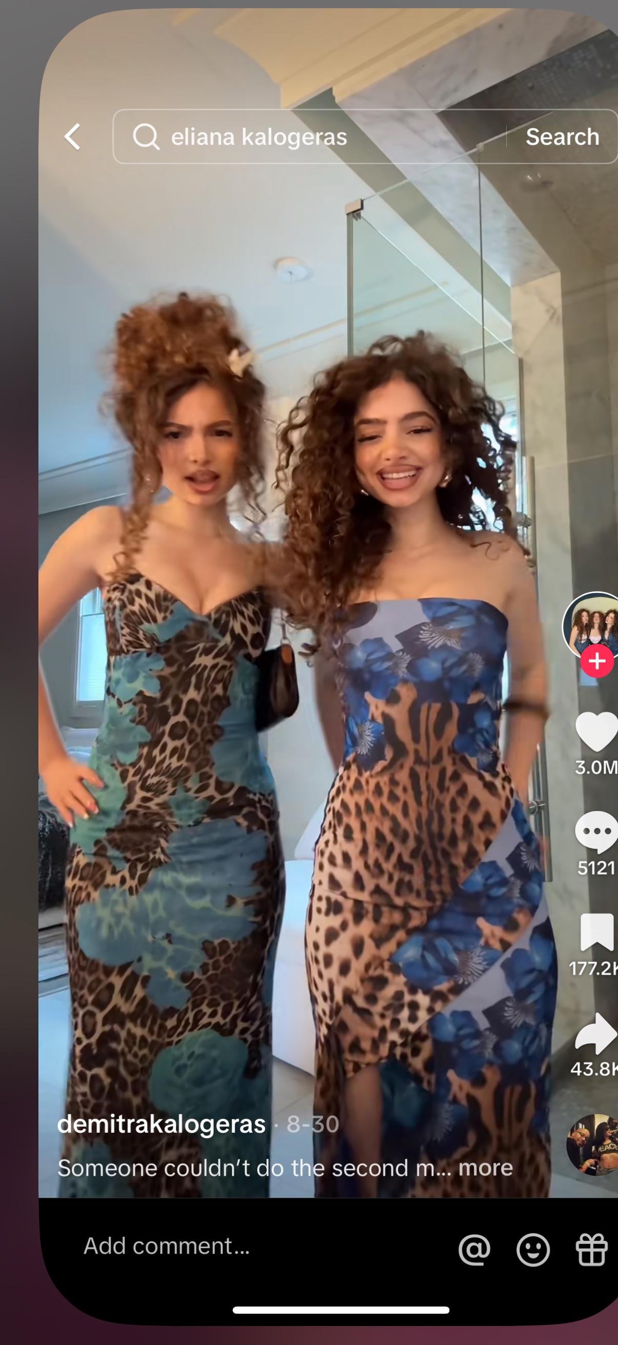 Sunday and Demitra Kalogeras posing in a leopard print dress, floral print, and a strapless sequined dress