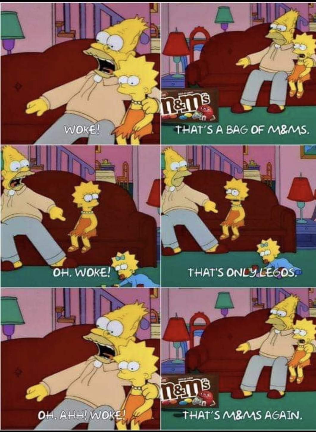 The Simpsons characters in a wokeposting meme satirizing the term 'woke' with M&Ms and Lego bricks.
