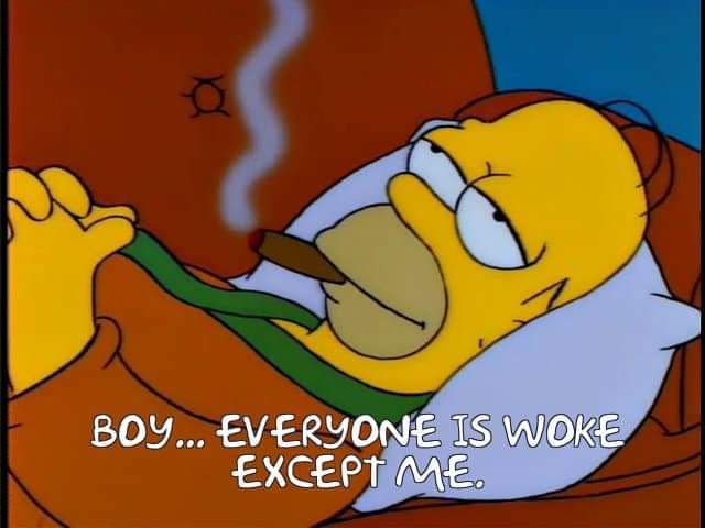 The Simpsons characters in a wokeposting meme satirizing the term 'woke' with M&Ms and Lego bricks.