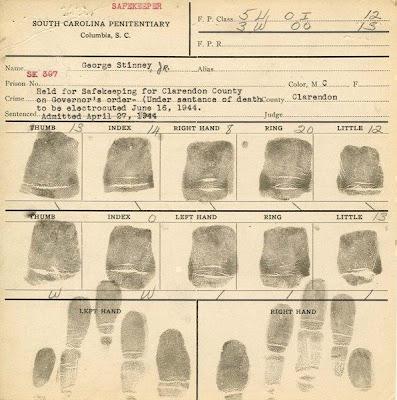 George Stinney Jr. in a striped prison uniform and booking records from the South Carolina Penitentiary